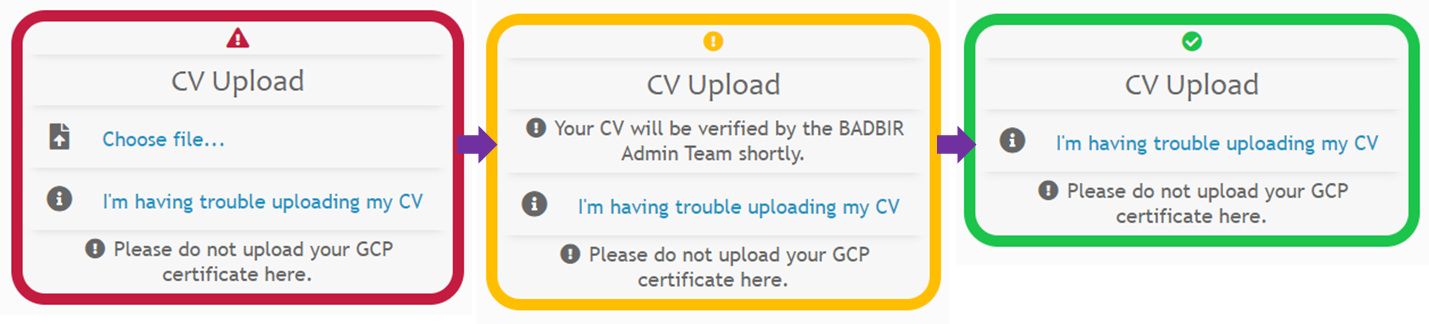 The three stages of CV upload - before, during checking, and after verification